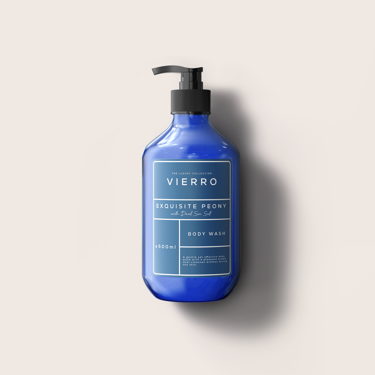 Vierro Exquisite Peony body wash bottle with floral design and pink accents, showcasing elegant packaging for luxurious cleansing.