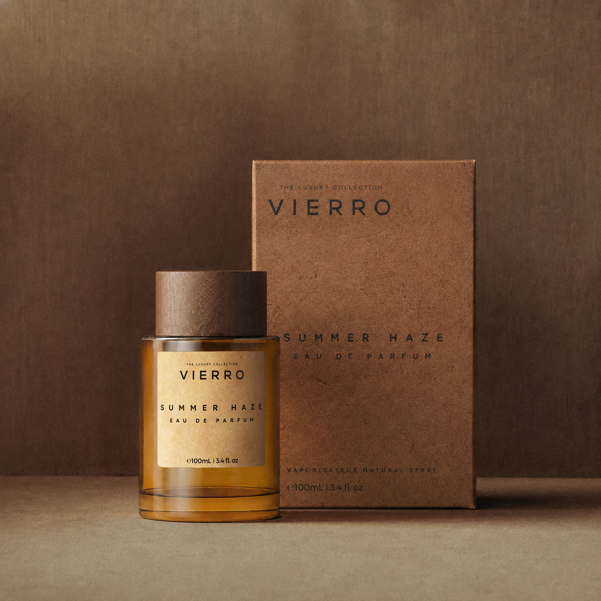 Vierro Summer Haze perfume box and bottle, floral and fresh fragrance, elegant design with a sleek, modern look.