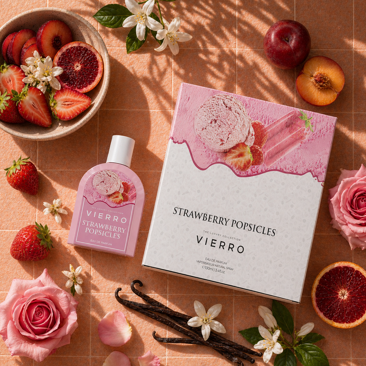 Vierro Strawberry Popsicles perfume bottle and box, fruity scent with berry notes, in a colorful, playful packaging design.