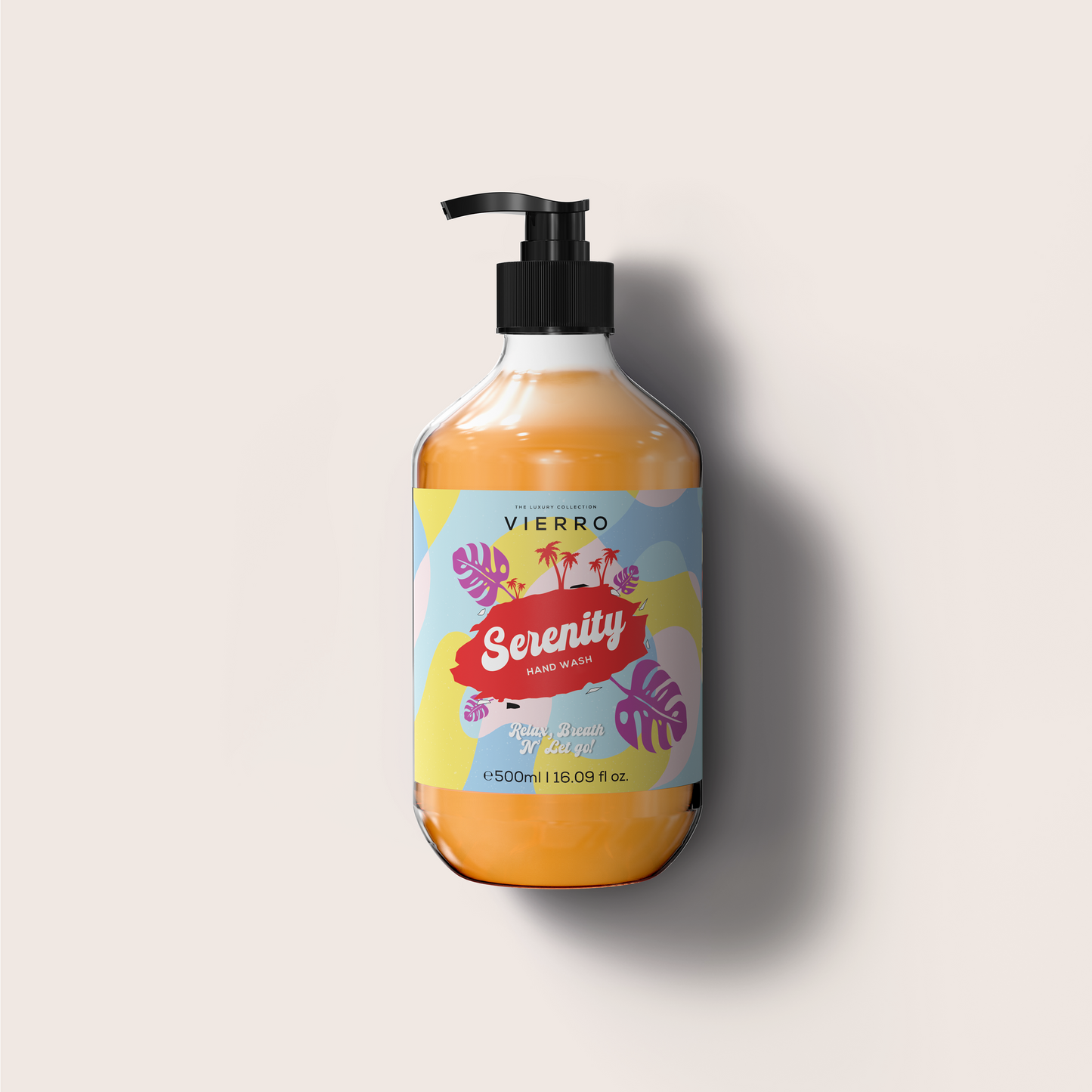 Hand wash bottle with colorful label on a light gray background