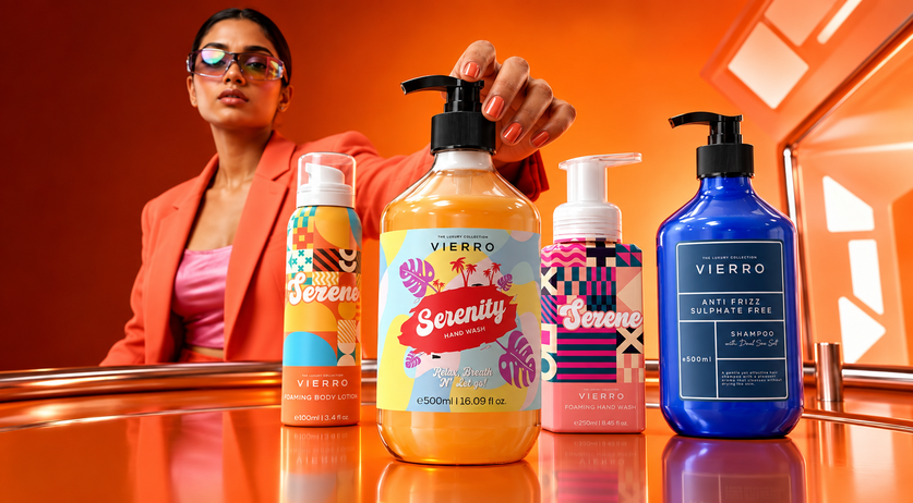 A woman in a orange suit posing next to a colorful arrangement of Vierro body care bottles,including vierro body wash, lotions, and hand wash, on an orange tabletop.