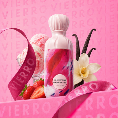 Vierro Marshmallow Magic Color Me Wild perfume bottle with playful design and pastel colors.