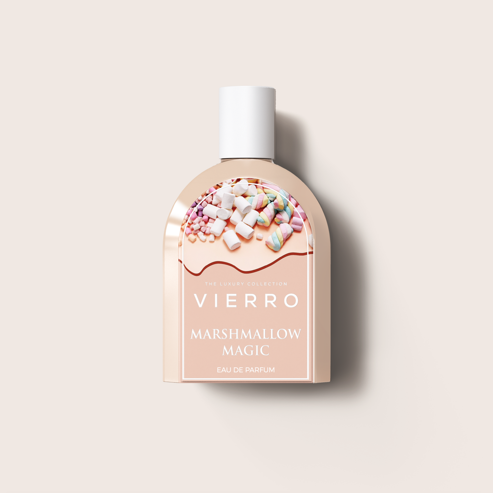 Vierro Marshmallow Magic perfume bottle with a soft, pastel-colored design and elegant floral accents.