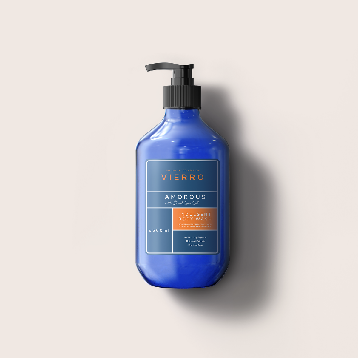 A 500ml blue pump bottle of Vierro Amorous Body Wash against a neutral light background.
