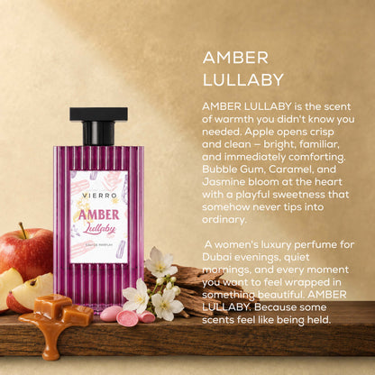 Amber Lullaby perfume by Vierro, featuring a sleek glass bottle with warm amber-colored liquid, elegant and inviting.
