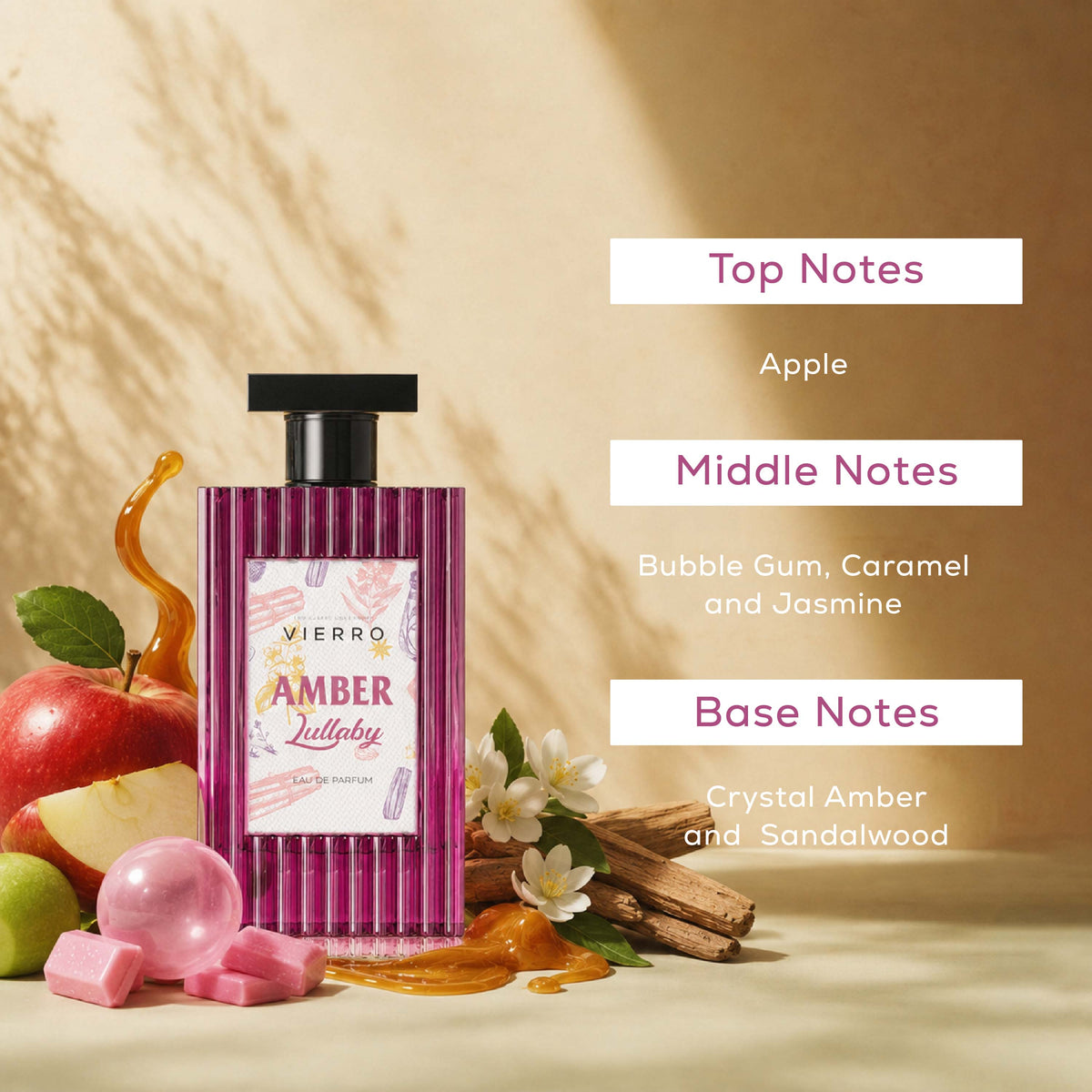 Vierro Amber Lullaby perfume bottle with notes of amber and warm floral accents, elegant and inviting fragrance presentation.