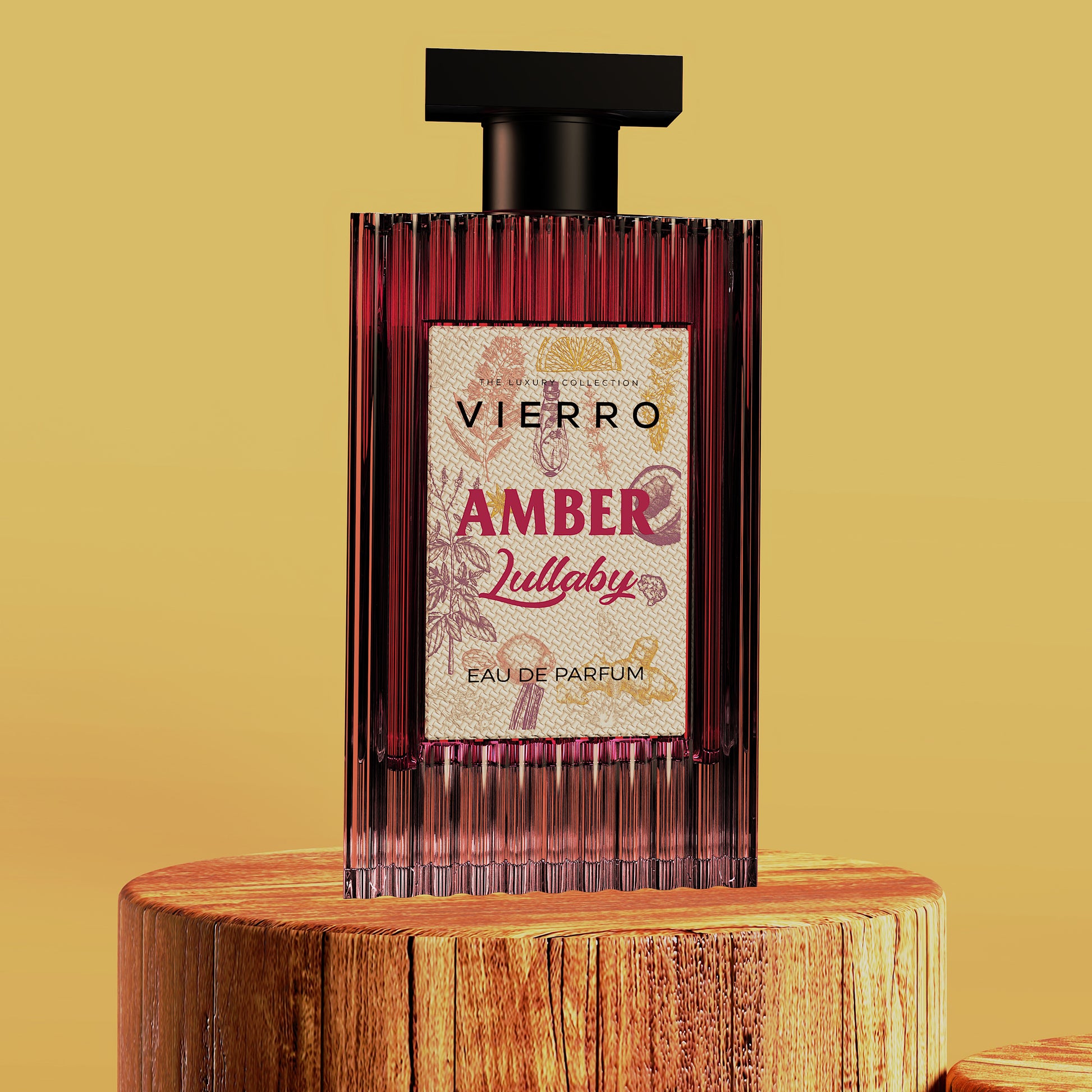 Vierro Amber Lullaby perfume bottle with amber-colored liquid and elegant packaging, showcasing a luxurious fragrance.