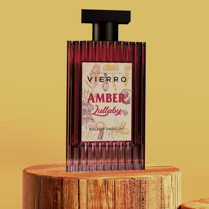 Vierro Amber Lullaby perfume bottle with amber-colored liquid and elegant packaging, showcasing a luxurious fragrance.