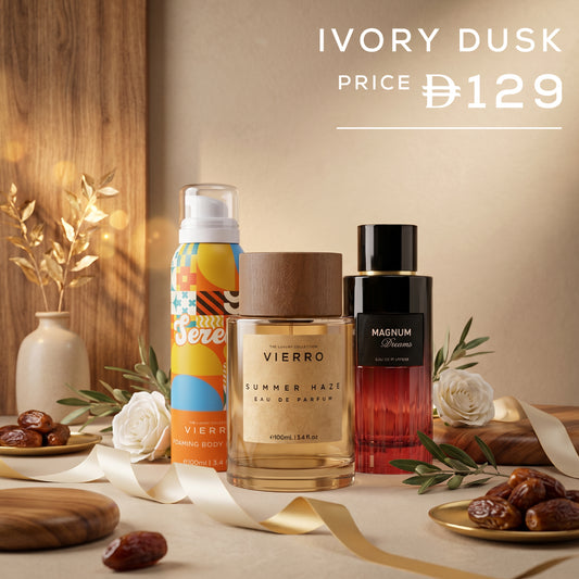Vierro Ivory Dusk Gift Set with elegant packaging, includes skincare products in a soft ivory color, perfect for gifting.