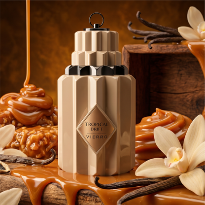 Vierro Tropical Drift scented candle in a glass jar with tropical-themed label and a lit wick, creating a warm, inviting glow.