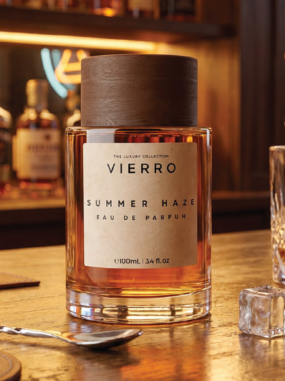 Vierro Summer Haze perfume bottle with floral and citrus accents, showcasing a stylish, summery fragrance design.
