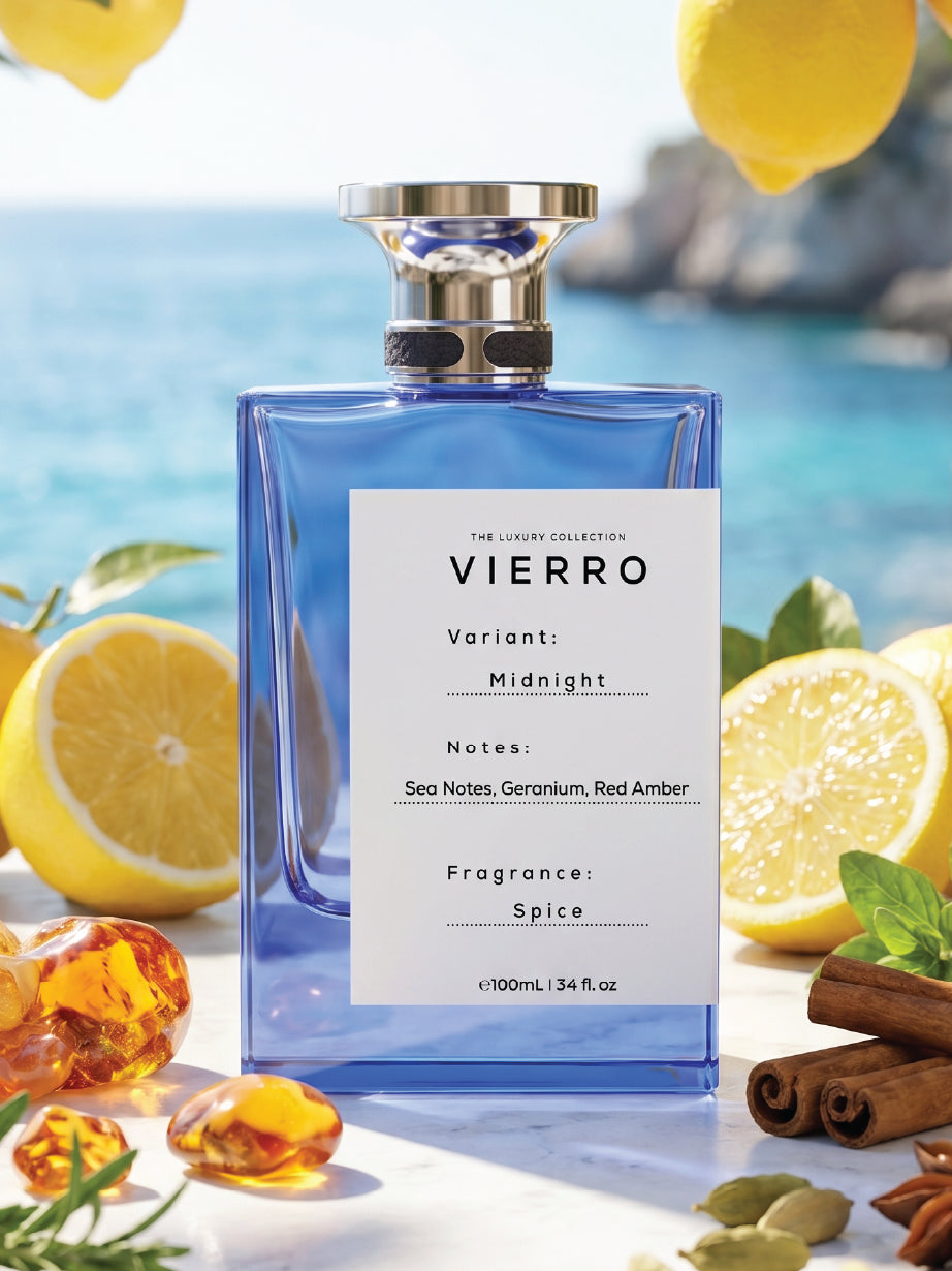 Vierro Midnight perfume bottle with sleek black design and elegant cap, showcasing a luxurious fragrance presentation.