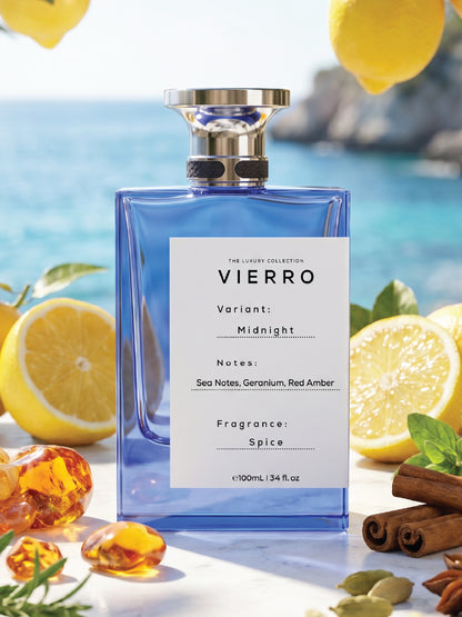 Vierro Midnight perfume bottle with sleek black design and elegant cap, showcasing a luxurious fragrance presentation.