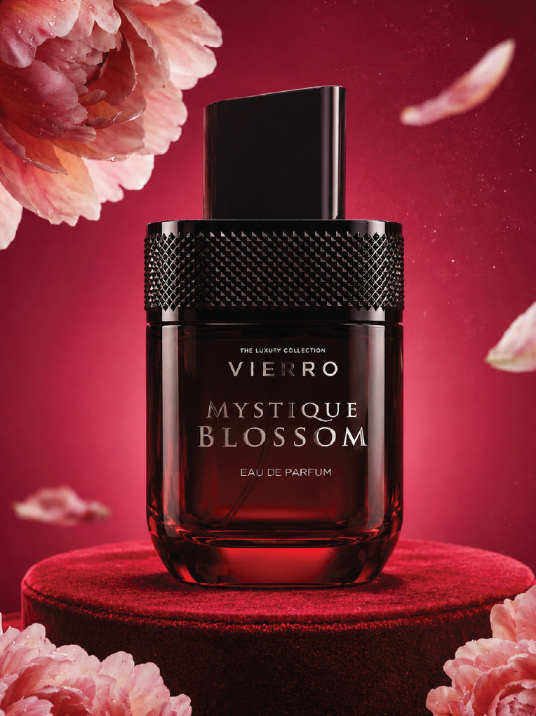 Vierro Mystique Blossom perfume bottle with floral design and elegant packaging, showcasing a luxurious fragrance presentation.