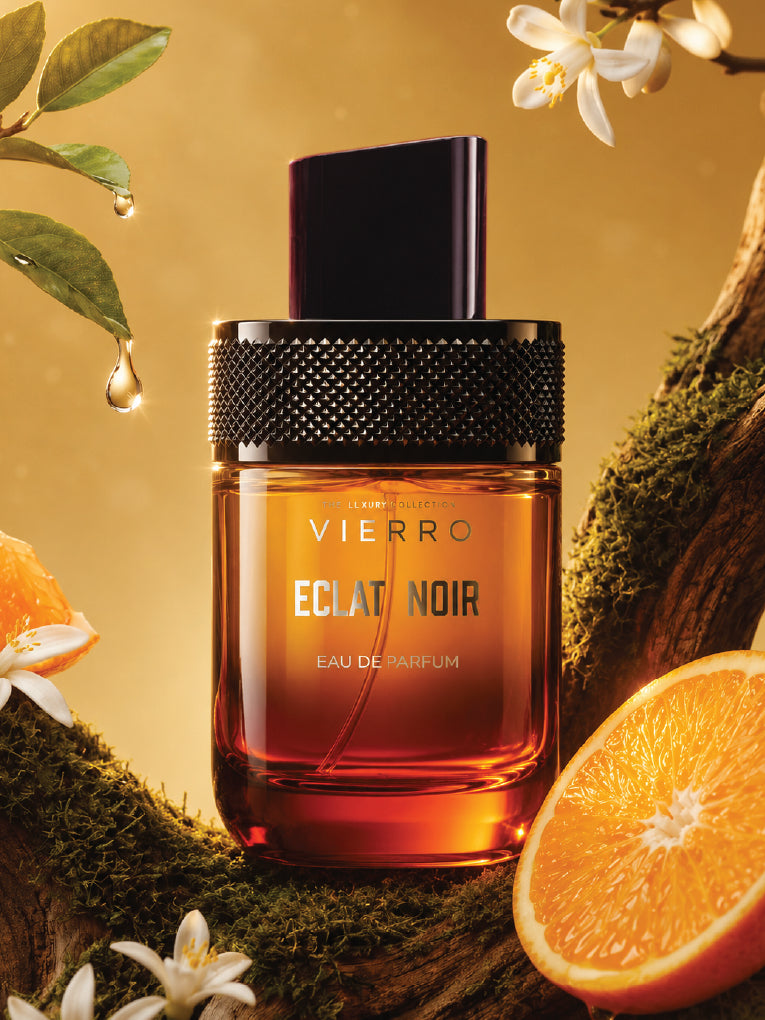 Vierro Eclat Noir perfume bottle with sleek black design and elegant cap, showcasing a luxurious fragrance.