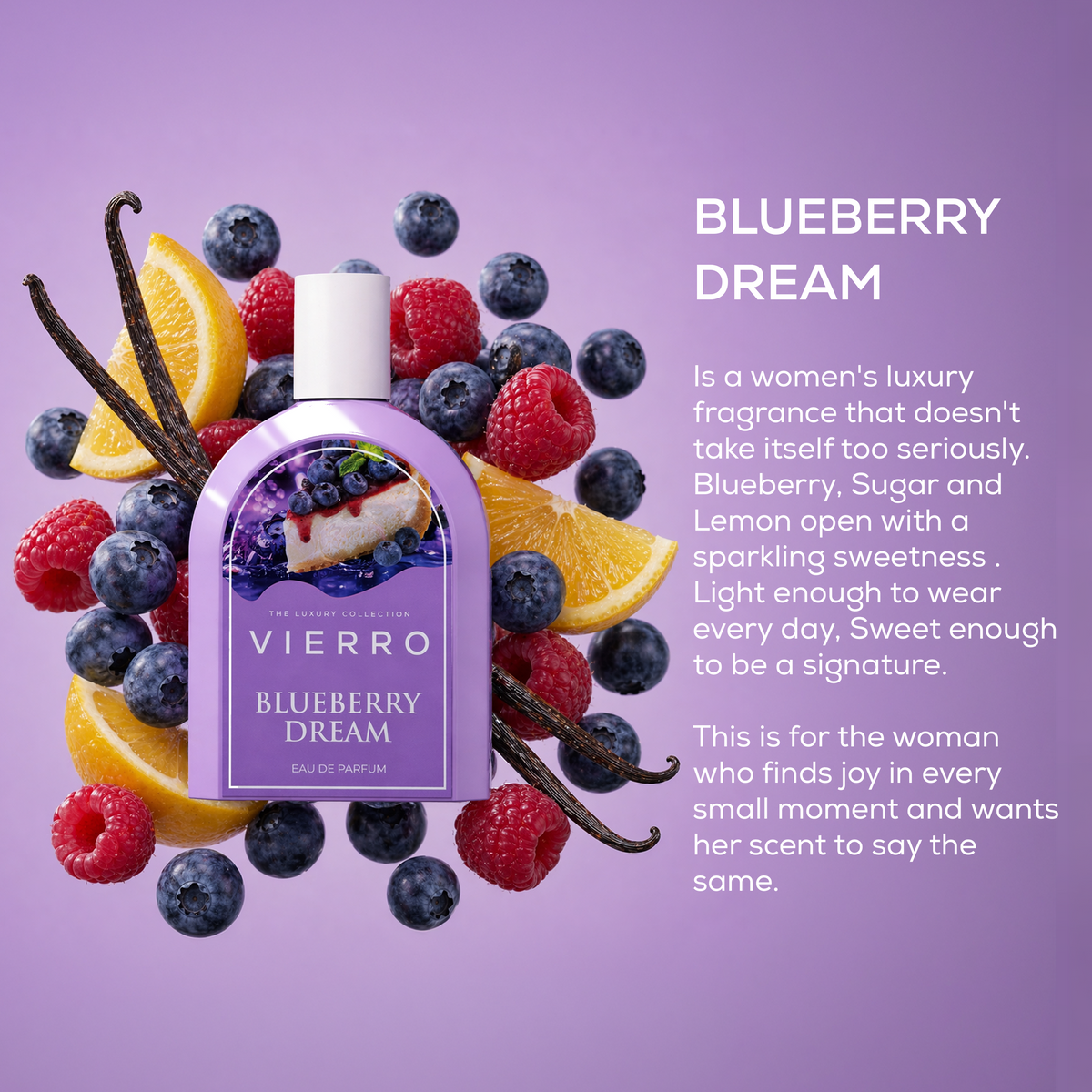Fresh blueberries in a bowl with a label reading BLUEBERRY DREAM from Vierro, showcasing vibrant, ripe blueberries for snacking or baking.