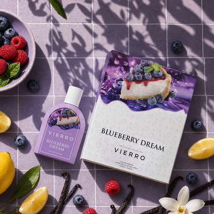 Vierro Blueberry Dream box and bottle featuring blueberry-flavored beverage and packaging with vibrant blue design.