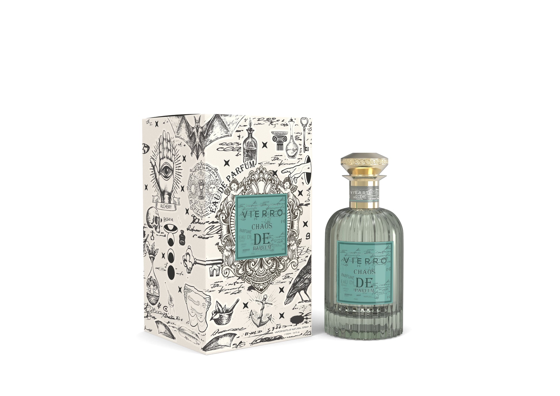 Vierro Chaos de Parfum bottle, elegant perfume container with a sleek design and minimalist label, set against a neutral background.