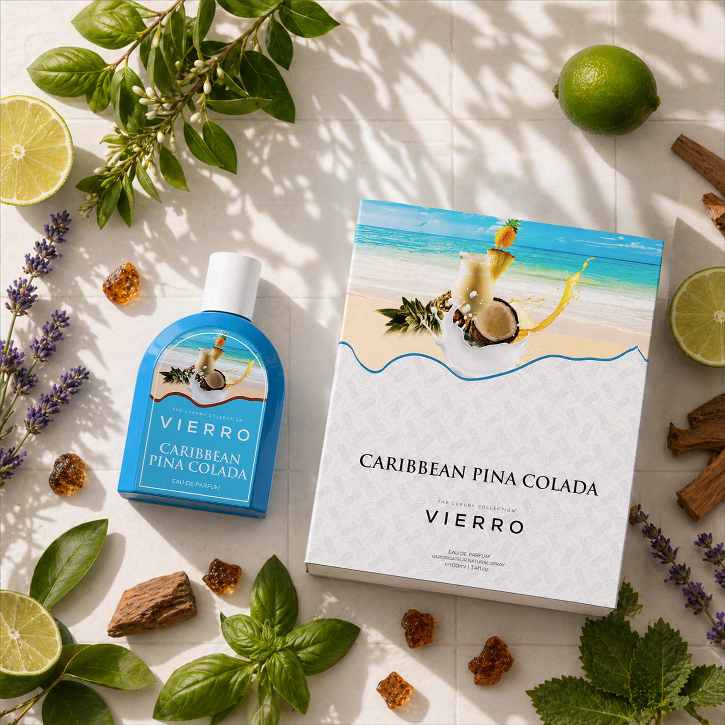 Vierro Caribbean Pina Colada box and bottle, tropical flavored rum cocktail with coconut and pineapple, in vibrant packaging.