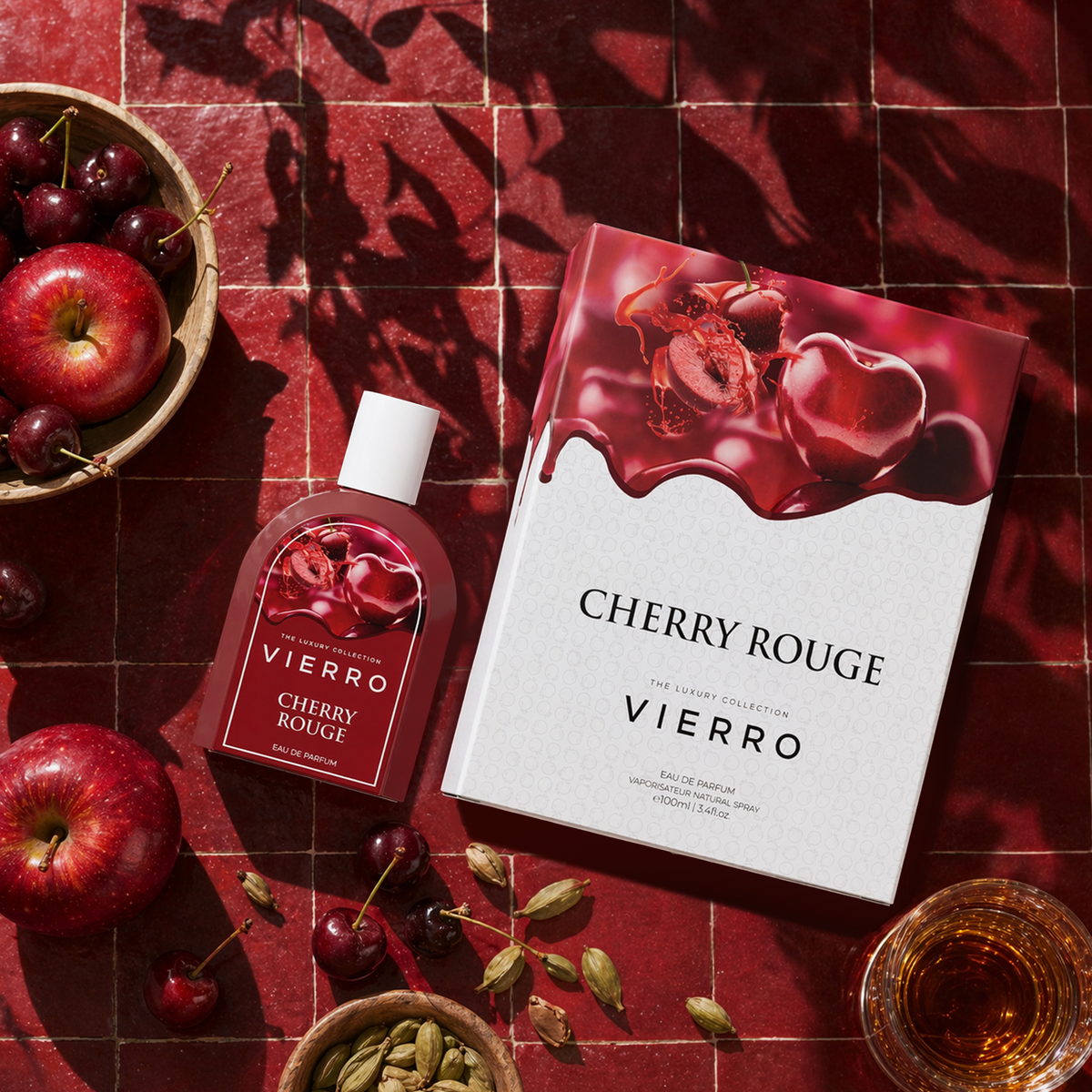 Vierro Cherry Rouge box and bottle, showcasing vibrant red cherry-flavored beverage with sleek packaging design.