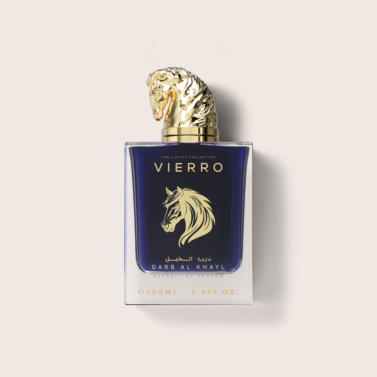 Vierro by Dar Al Khayl Extrait de Parfum 100ml bottle, featuring a deep blue glass body with a metallic gold horse emblem and a sculpted gold horse head cap, set against a light beige background.
