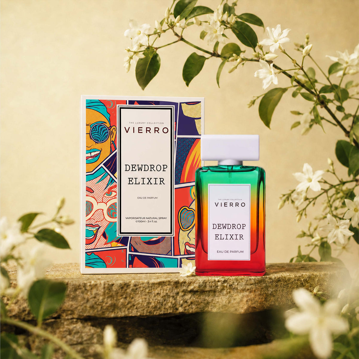 Vierro Dewdrop Elixir perfume bottle and box, elegant floral fragrance packaging and sleek glass bottle design.