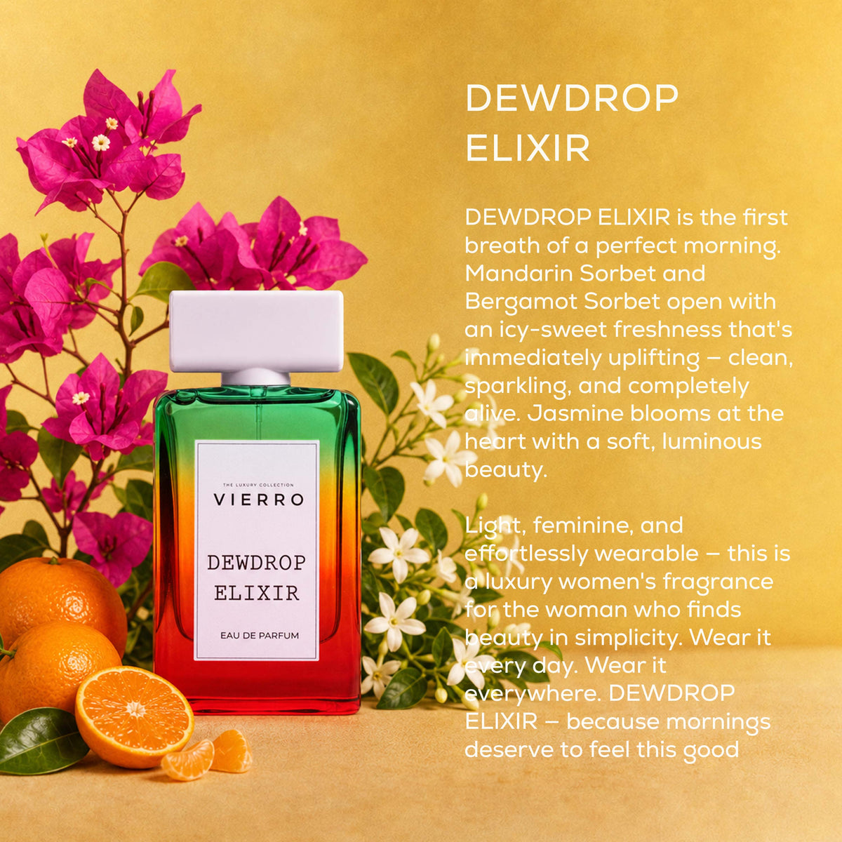 Vierro Dewdrop Elixir perfume bottle with a sleek design, showcasing the elegant packaging of the fragrance.