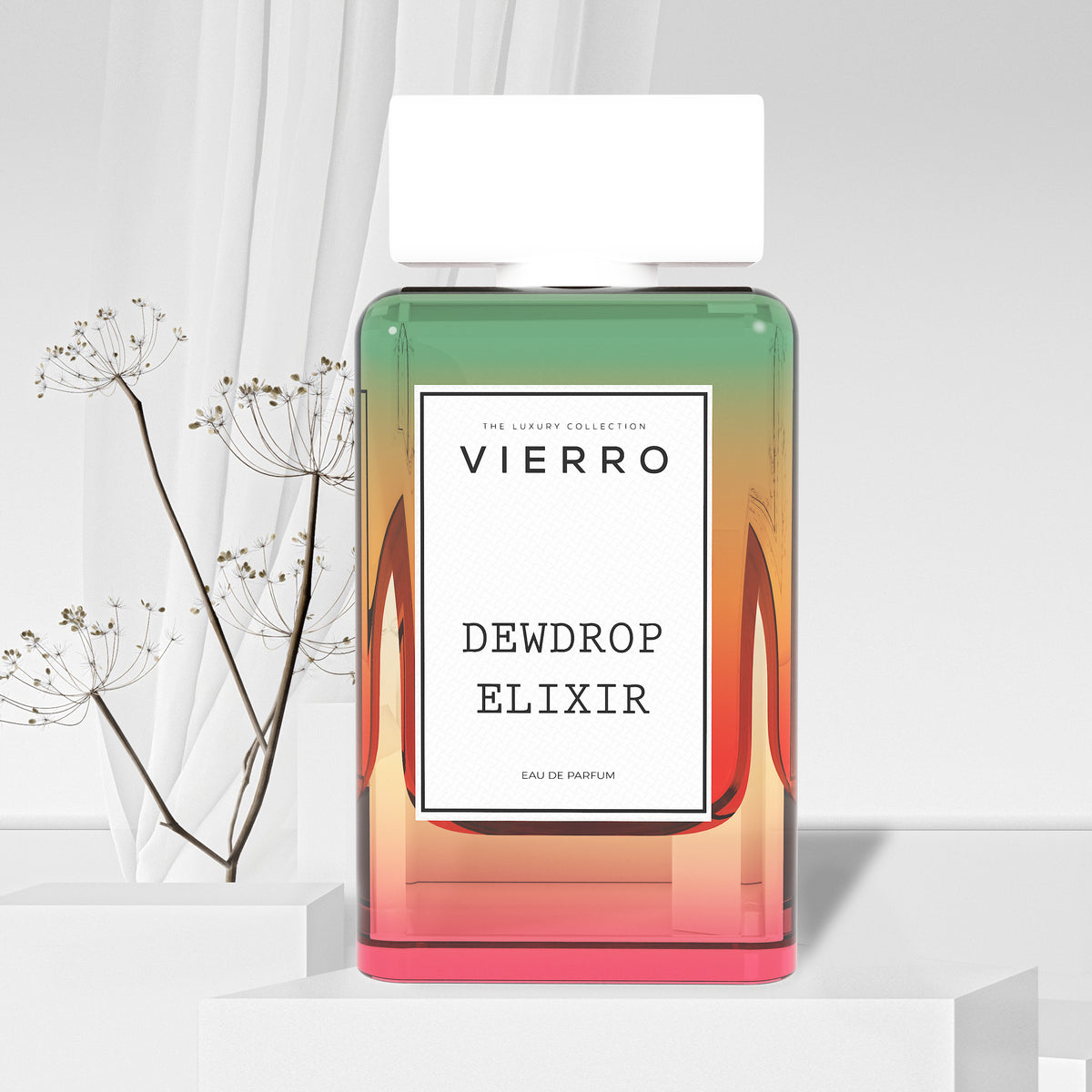 Vierro Dewdrop Elixir perfume bottle with a clear glass design and a stylish silver cap, showcasing a fresh and elegant fragrance.