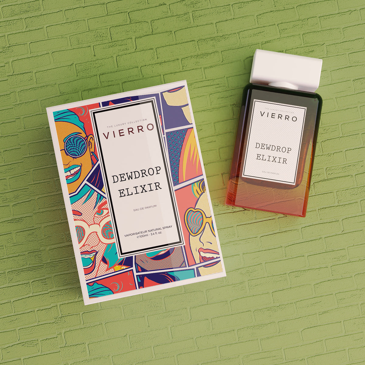 Vierro Dewdrop Elixir perfume bottle with a sleek design and elegant packaging, showcasing the fragrance's refreshing appeal.