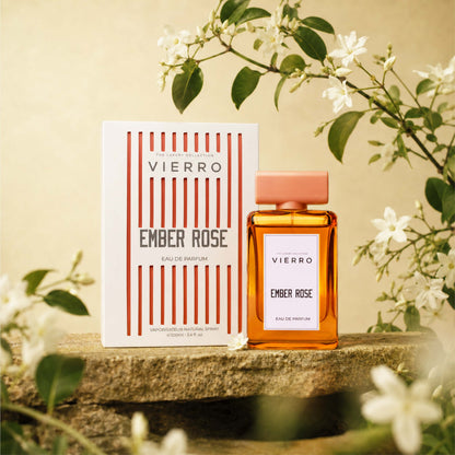 Vierro Ember Rose perfume bottle and elegant box, showcasing the luxurious fragrance packaging and design.