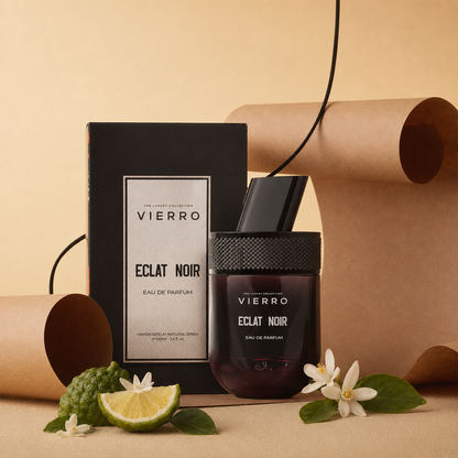 Vierro ECLAT NOIR perfume box and bottle, elegant black design, showcasing the luxurious fragrance packaging and branding.