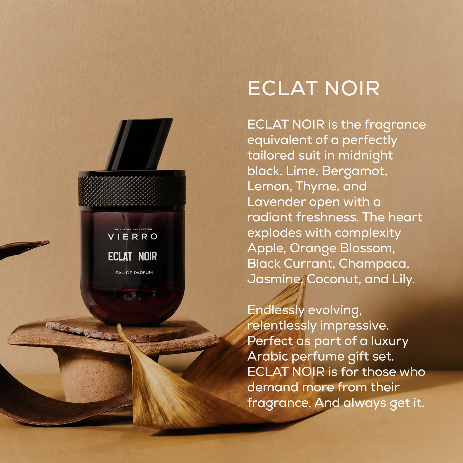 Eclat Noir perfume bottle by Vierro featuring an elegant design with a sleek black cap and clear glass body.