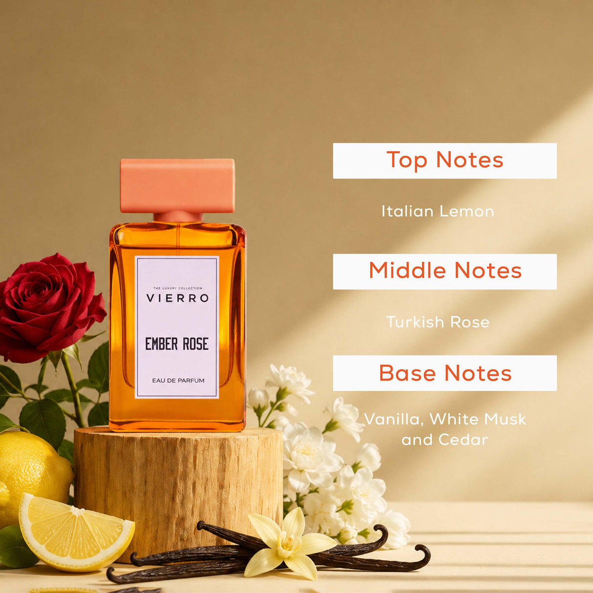 Vierro Ember Rose perfume bottle with floral and warm scent notes, elegant design, and a luxurious appearance.