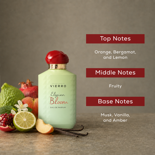 Close-up of Vierro Elysian Bloom perfume bottle with floral notes and elegant packaging, showcasing the luxurious fragrance.