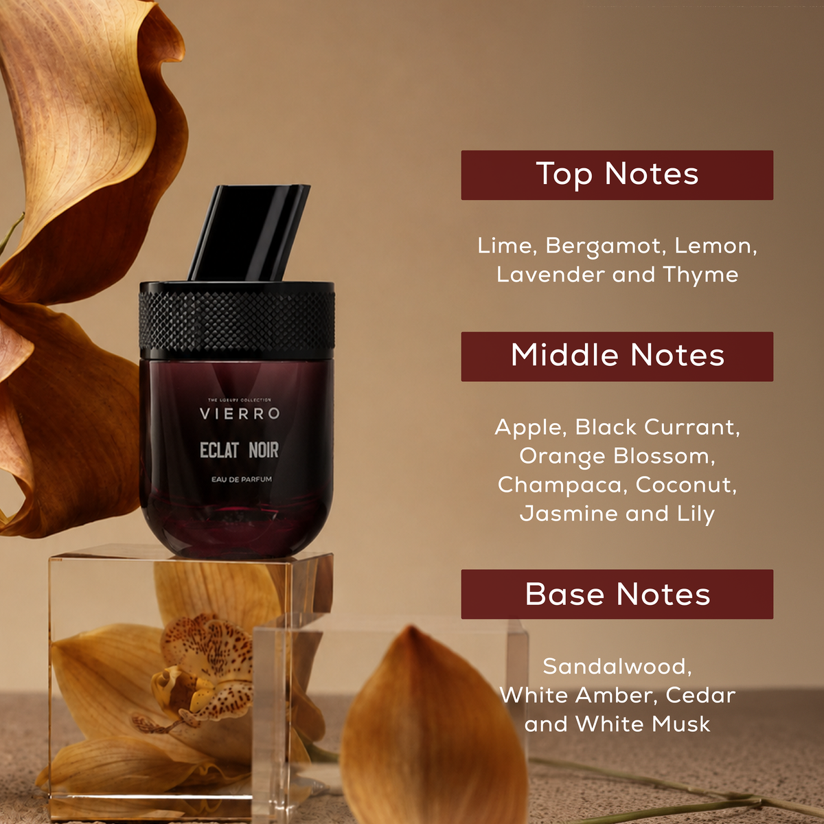 Vierro Eclat Noir perfume bottle with sleek black design, showcasing the elegant packaging of the Eclat Noir fragrance.