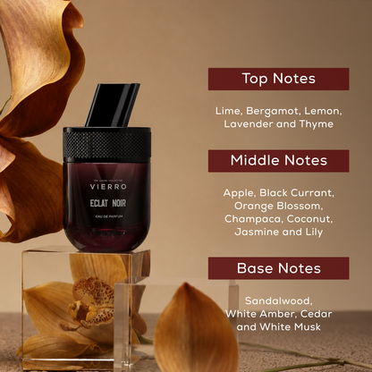 Vierro Eclat Noir perfume bottle with sleek black design, showcasing the elegant packaging of the Eclat Noir fragrance.