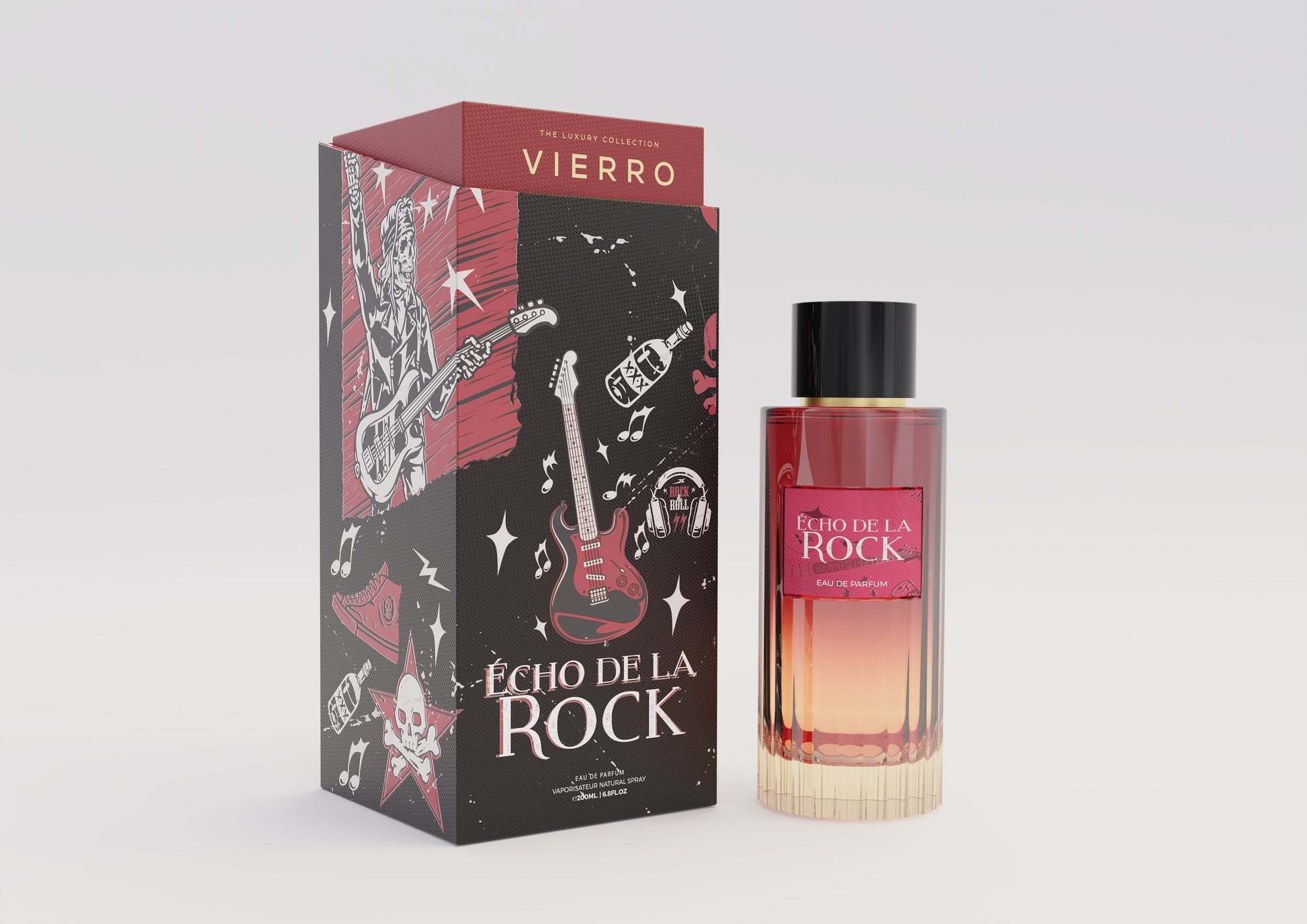 ECHO DE LA ROCK perfume by Vierro featuring a sleek, modern bottle with a silver cap and vibrant, abstract label design.