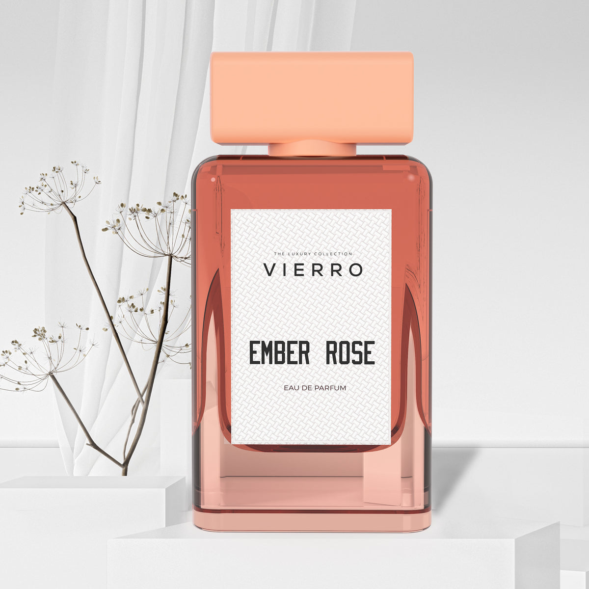 Vierro Ember Rose perfume bottle with a sleek design and rose gold accents, showcasing the elegant fragrance packaging.