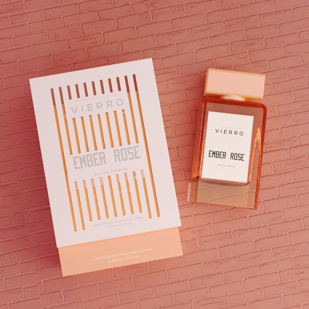 Vierro Ember Rose perfume bottle with floral and warm scent notes, elegant design, and a soft pink hue.