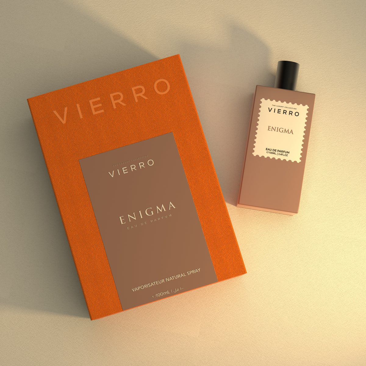 Vierro Enigma perfume bottle with sleek design, showcasing a luxurious and elegant fragrance product.