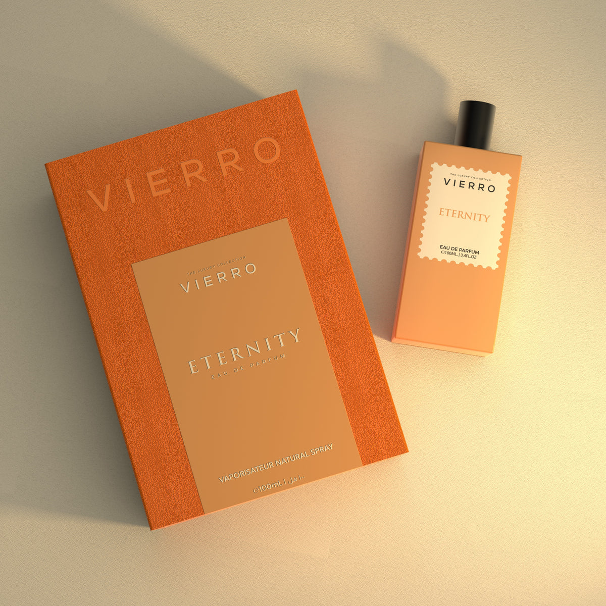 Vierro Eternity perfume bottle with sleek design and clear glass showcasing the fragrance inside.