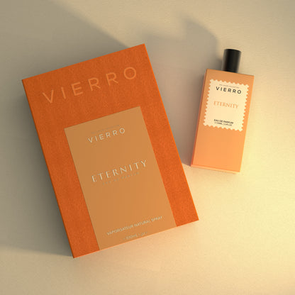 Vierro Eternity perfume bottle with sleek design and clear glass showcasing the fragrance inside.