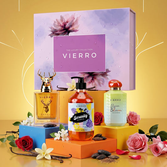 Female holding Vierro Elysa Bloom Tranquil Serenity Body Lotion gift box, featuring elegant packaging and a relaxing skincare product.