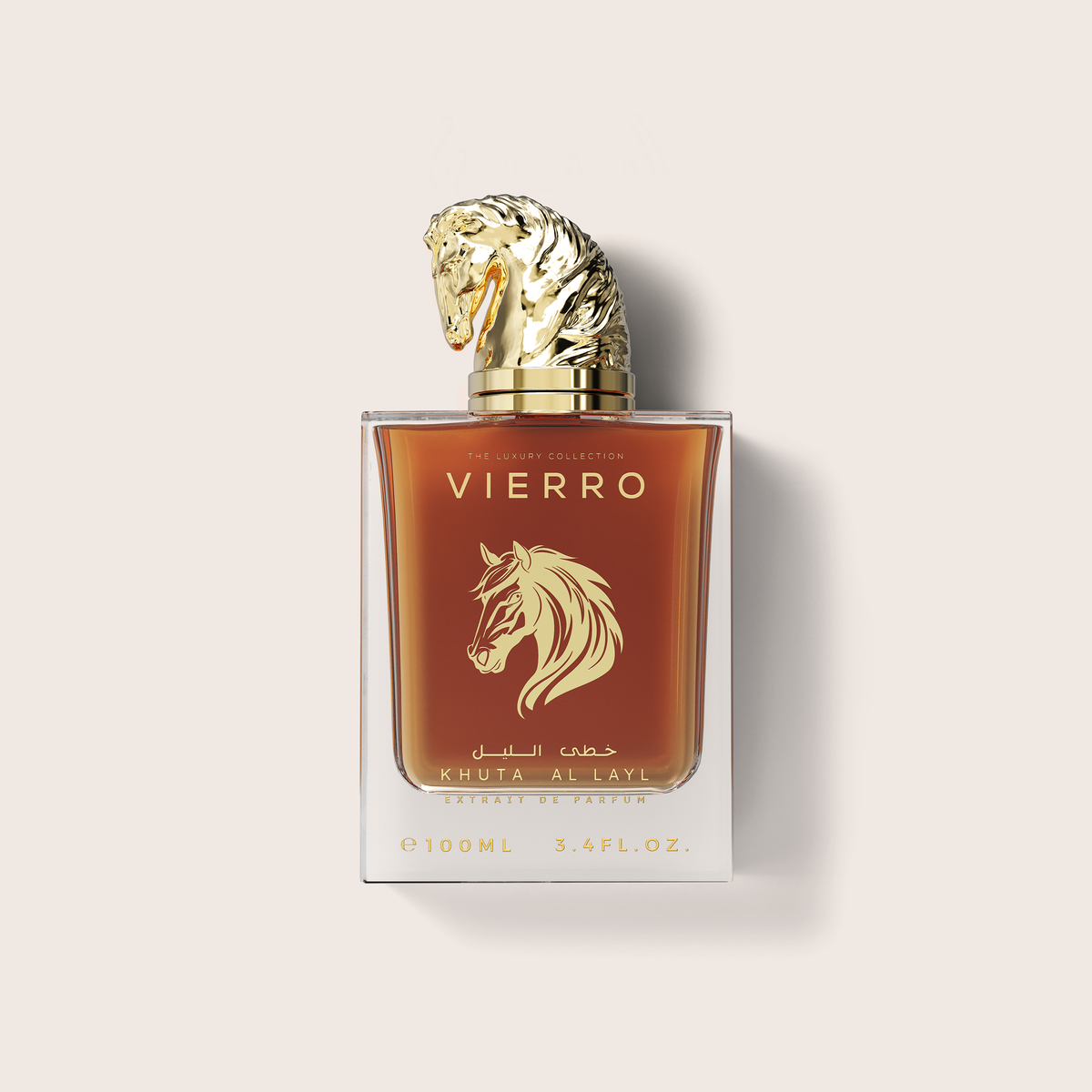 A 100ml bottle of Khuta Al-Layl Eau de Parfum by Vierro, featuring a clear glass bottle with amber-brown liquid, a gold horse head logo, and a sculpted gold horse head cap, set against a light beige background.