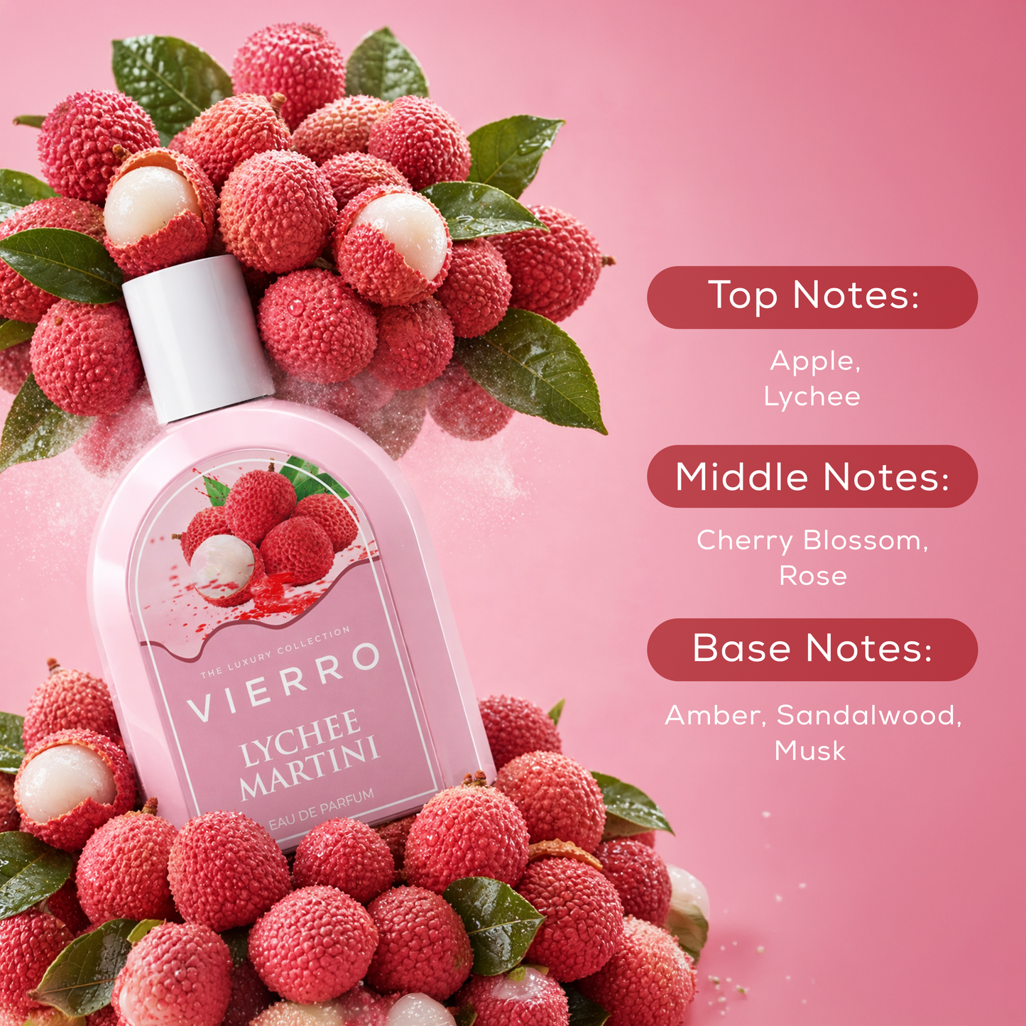 A glass of Lychee Martini by Vierro with a lychee garnish, showcasing the cocktail's pink hue and elegant presentation.