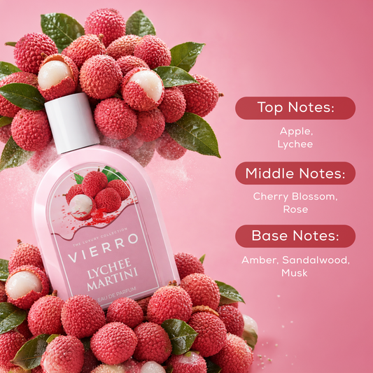 A glass of Lychee Martini by Vierro with a lychee garnish, showcasing the cocktail's pink hue and elegant presentation.