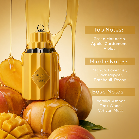 Vierro Mango Pulse perfume notes displayed in a sleek glass bottle with a fresh, fruity fragrance and vibrant yellow accents.