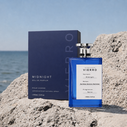 Vierro Midnight perfume box and bottle, elegant black packaging with sleek design, showcasing the luxurious fragrance.