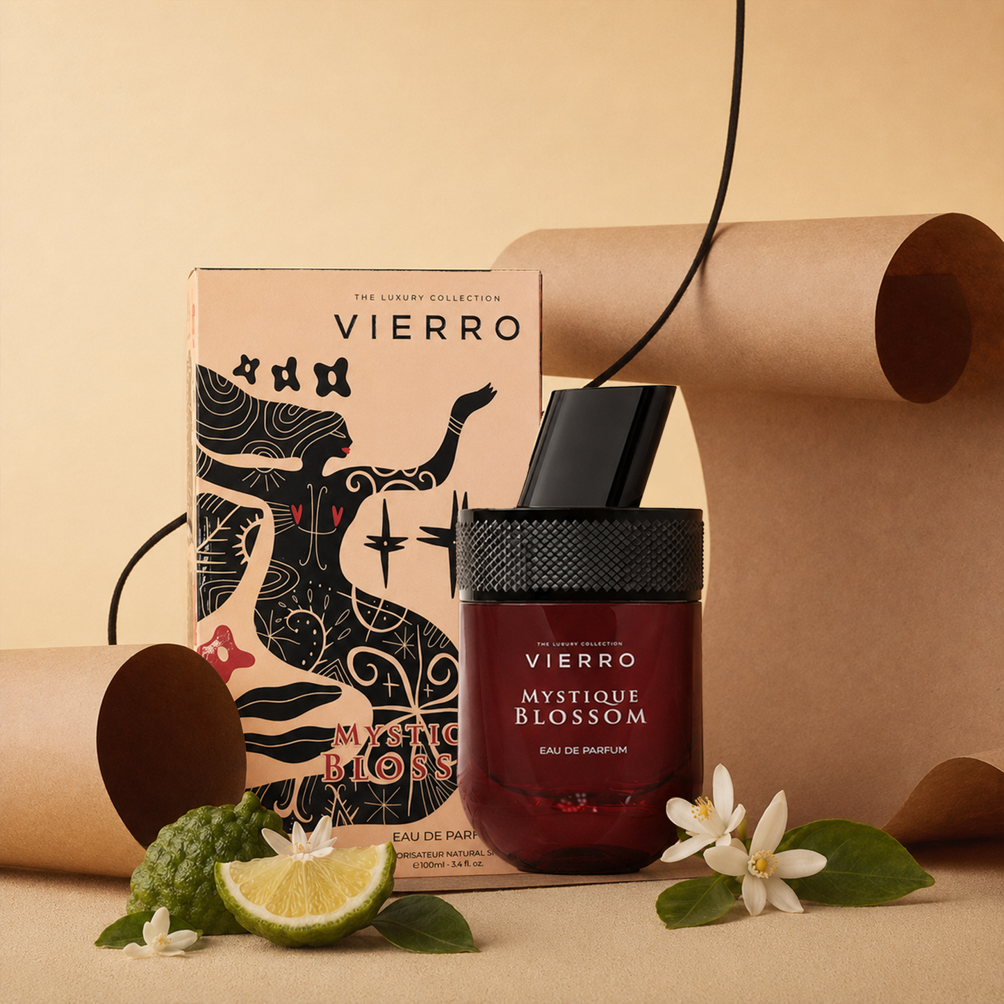 Vierro Mystique Blossom perfume bottle and box, elegant floral design, showcasing the luxurious fragrance packaging.