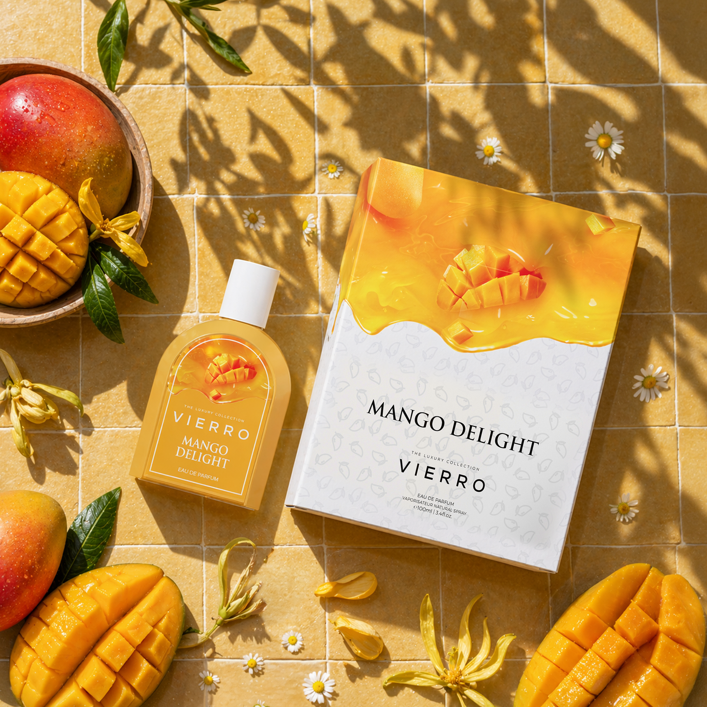 Vierro Mango Delight box and bottle featuring vibrant mango-themed packaging and fresh mango flavor.